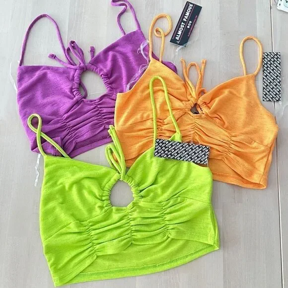 NWT Crop Top Bundle Womens Large Summer Neon Color Cut Out Slinky Fabric 3 Piece - Picture 1 of 7